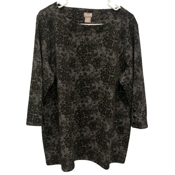 Chico Womens Top Size XL 3 Black Lace Print Workwear Office Business Fall Career - Picture 1 of 6